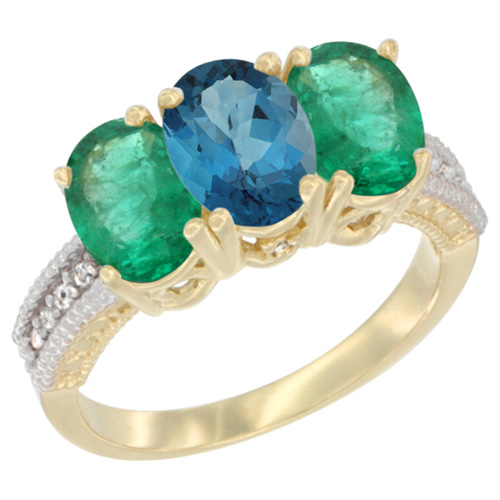 10K Yellow Gold Diamond Natural London Blue Topaz & Emerald Ring 3-Stone 7x5 mm Oval, sizes 5 - 10