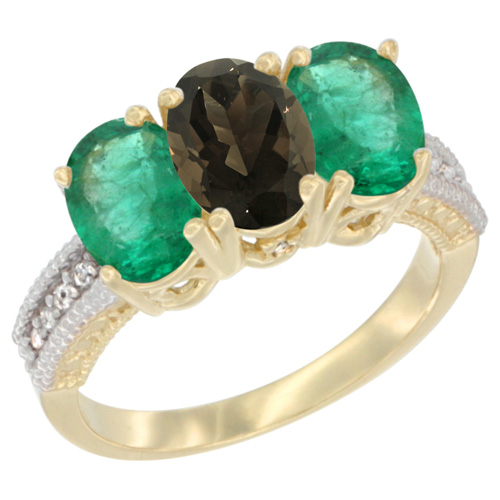 14K Yellow Gold Natural Smoky Topaz & Emerald Sides Ring 3-Stone 7x5 mm Oval Diamond Accent, sizes 5 - 10