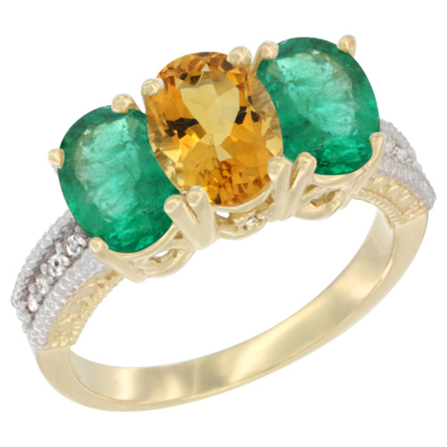 10K Yellow Gold Diamond Natural Citrine & Emerald Ring 3-Stone 7x5 mm Oval, sizes 5 - 10