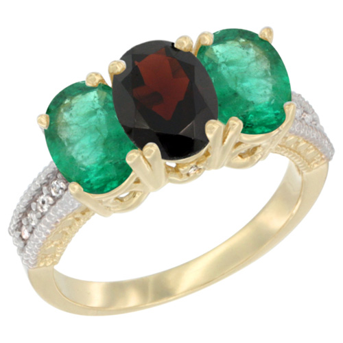 14K Yellow Gold Natural Garnet & Emerald Sides Ring 3-Stone 7x5 mm Oval Diamond Accent, sizes 5 - 10