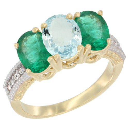10K Yellow Gold Diamond Natural Aquamarine & Emerald Ring 3-Stone 7x5 mm Oval, sizes 5 - 10