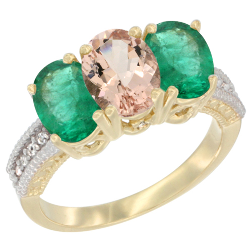 14K Yellow Gold Natural Morganite & Emerald Sides Ring 3-Stone 7x5 mm Oval Diamond Accent, sizes 5 - 10