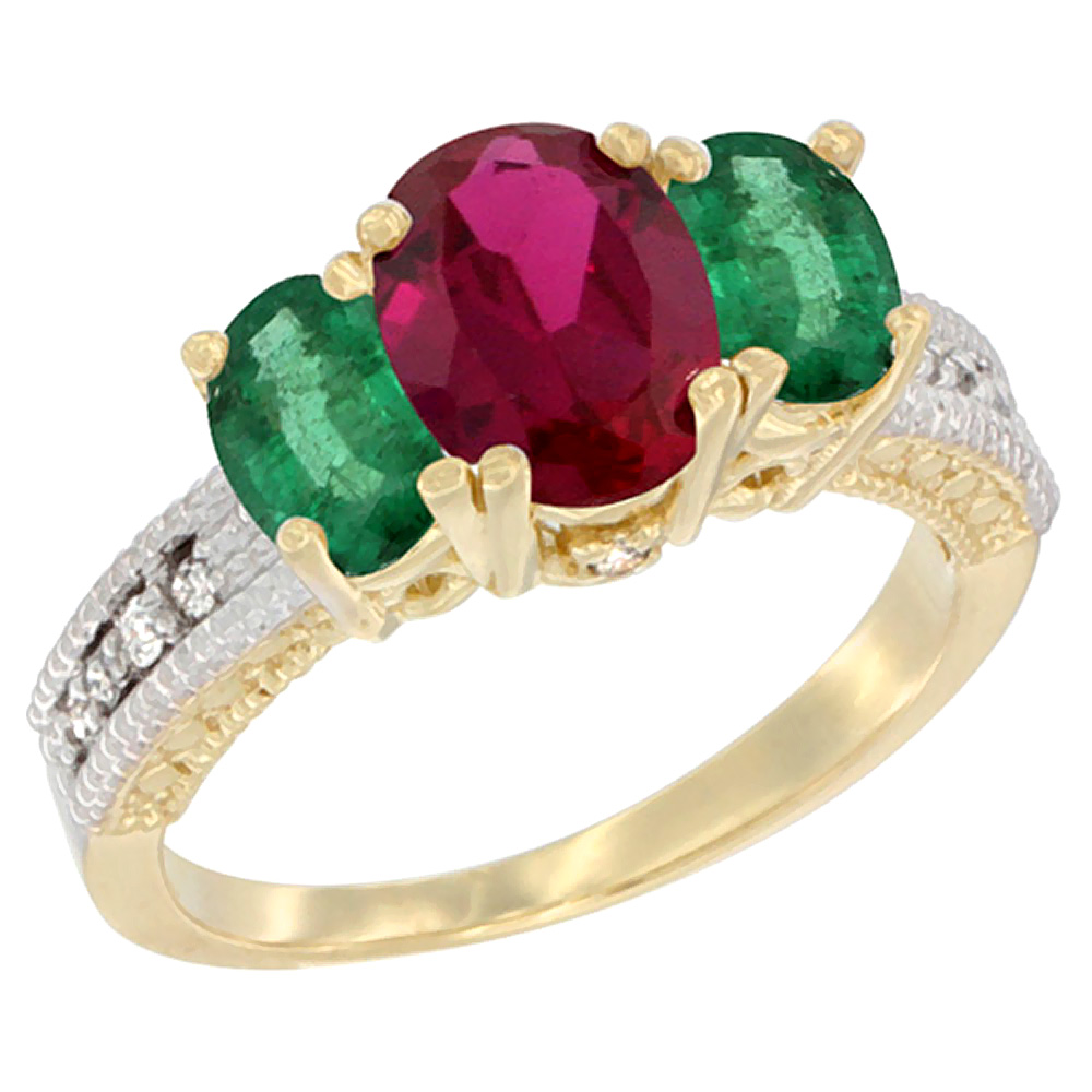 14K Yellow Gold Diamond Quality Ruby 7x5mm & 6x4mm Emerald Oval 3-stone Mothers Ring,size 5 - 10