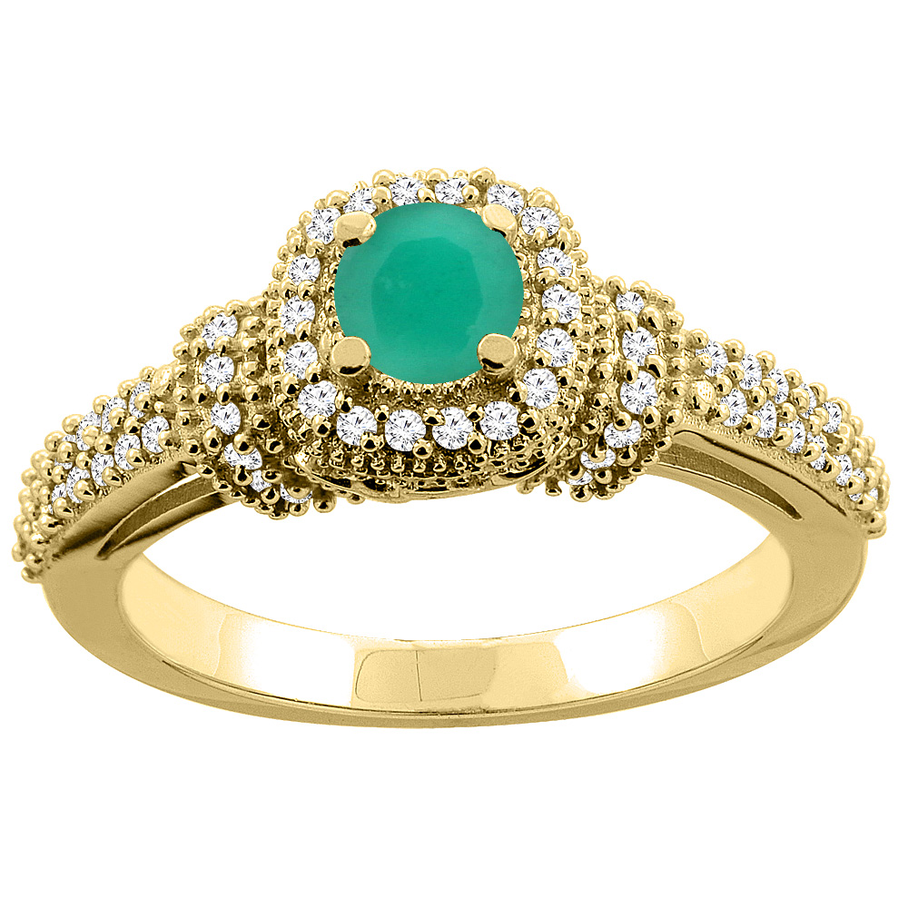 10K Gold Natural Emerald Engagement Halo Ring Round 5mm Diamond Accents, sizes 5 - 10