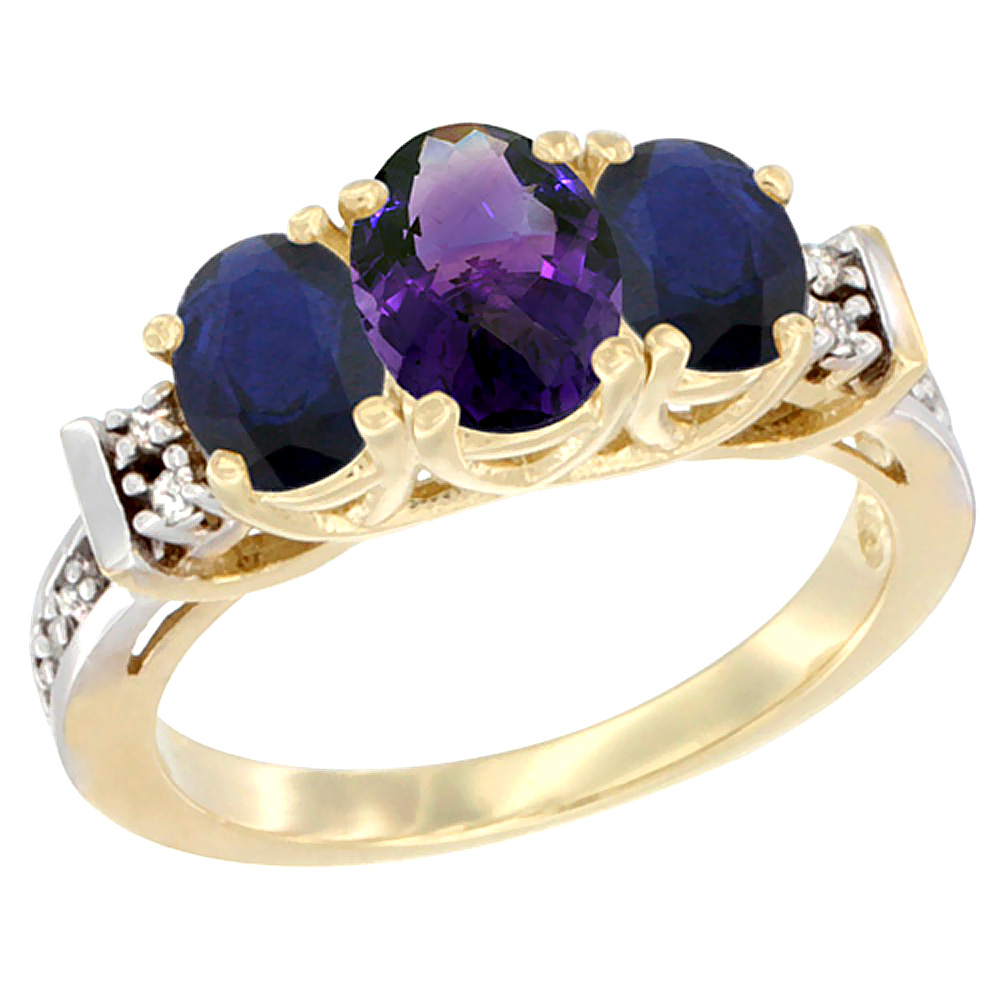 10K Yellow Gold Natural Amethyst & High Quality Blue Sapphire Ring 3-Stone Oval Diamond Accent
