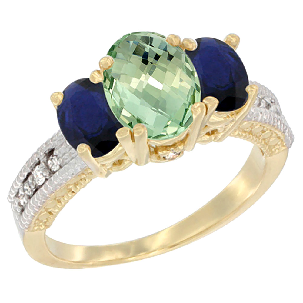 10K Yellow Gold Ladies Oval Natural Green Amethyst 3-Stone Ring with Blue Sapphire Sides Diamond Accent