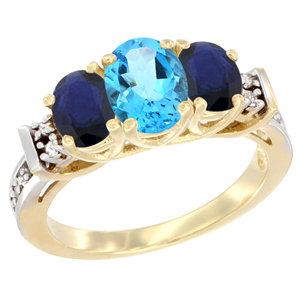10K Yellow Gold Natural Swiss Blue Topaz & High Quality Blue Sapphire Ring 3-Stone Oval Diamond Accent