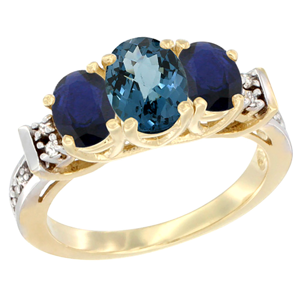 10K Yellow Gold Natural London Blue Topaz & High Quality Blue Sapphire Ring 3-Stone Oval Diamond Accent