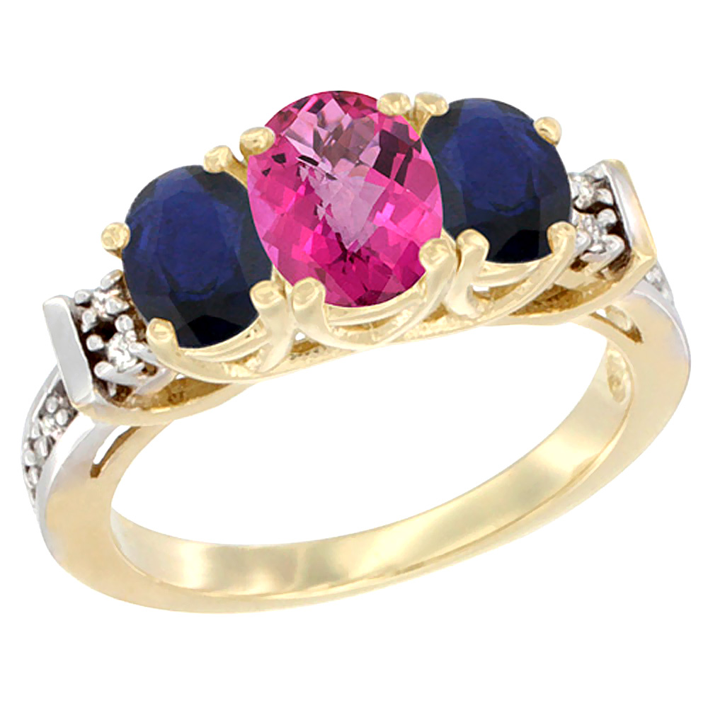 10K Yellow Gold Natural Pink Topaz & High Quality Blue Sapphire Ring 3-Stone Oval Diamond Accent