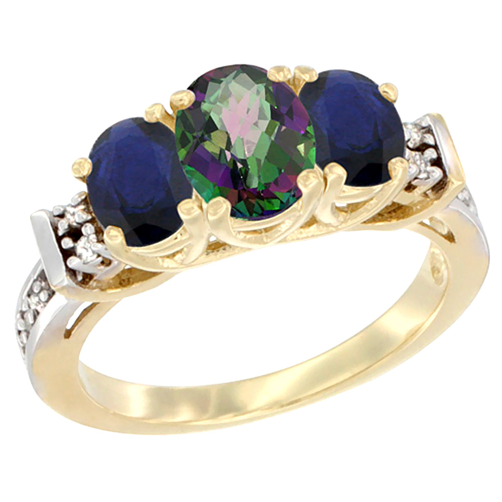 10K Yellow Gold Natural Mystic Topaz & High Quality Blue Sapphire Ring 3-Stone Oval Diamond Accent