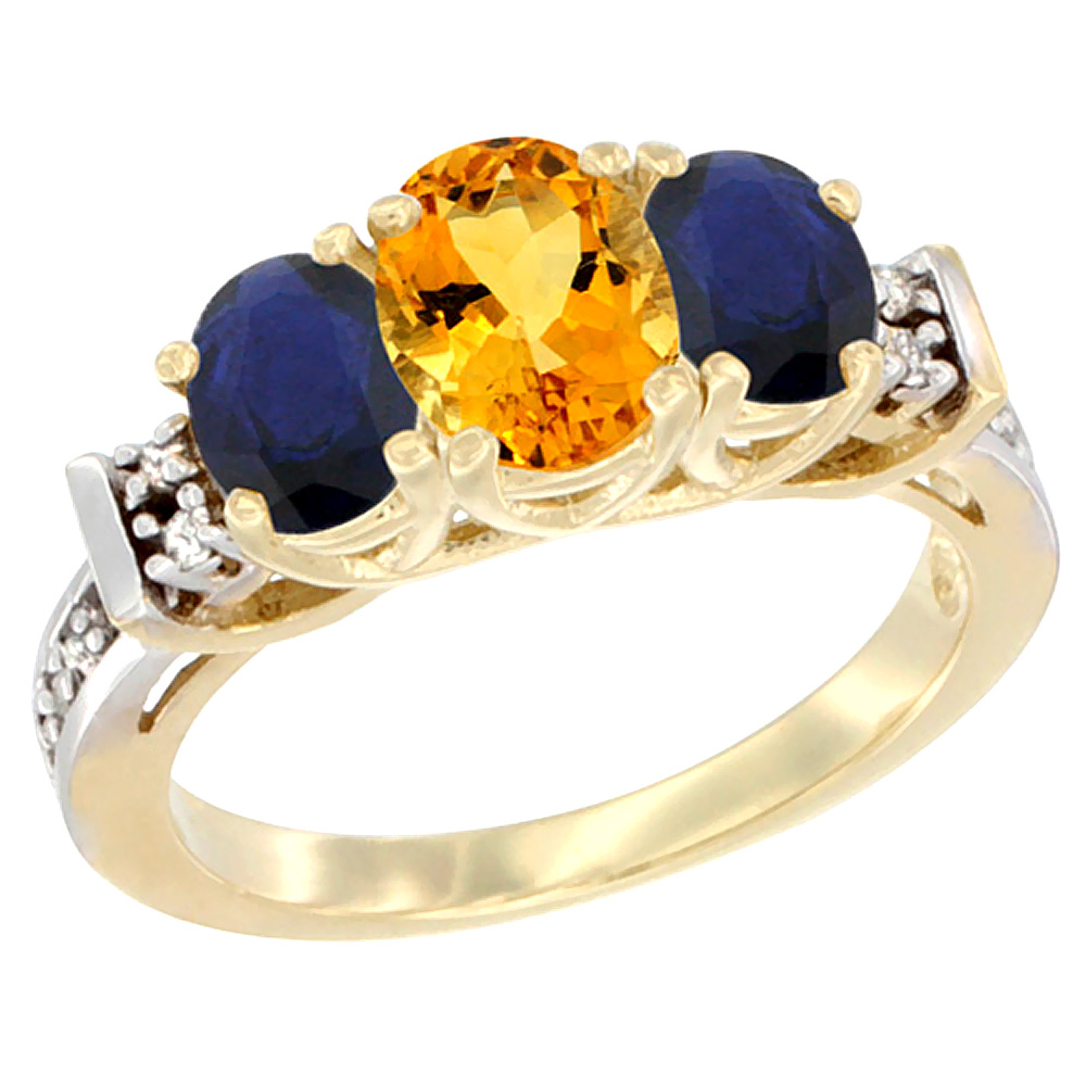 10K Yellow Gold Natural Citrine & High Quality Blue Sapphire Ring 3-Stone Oval Diamond Accent
