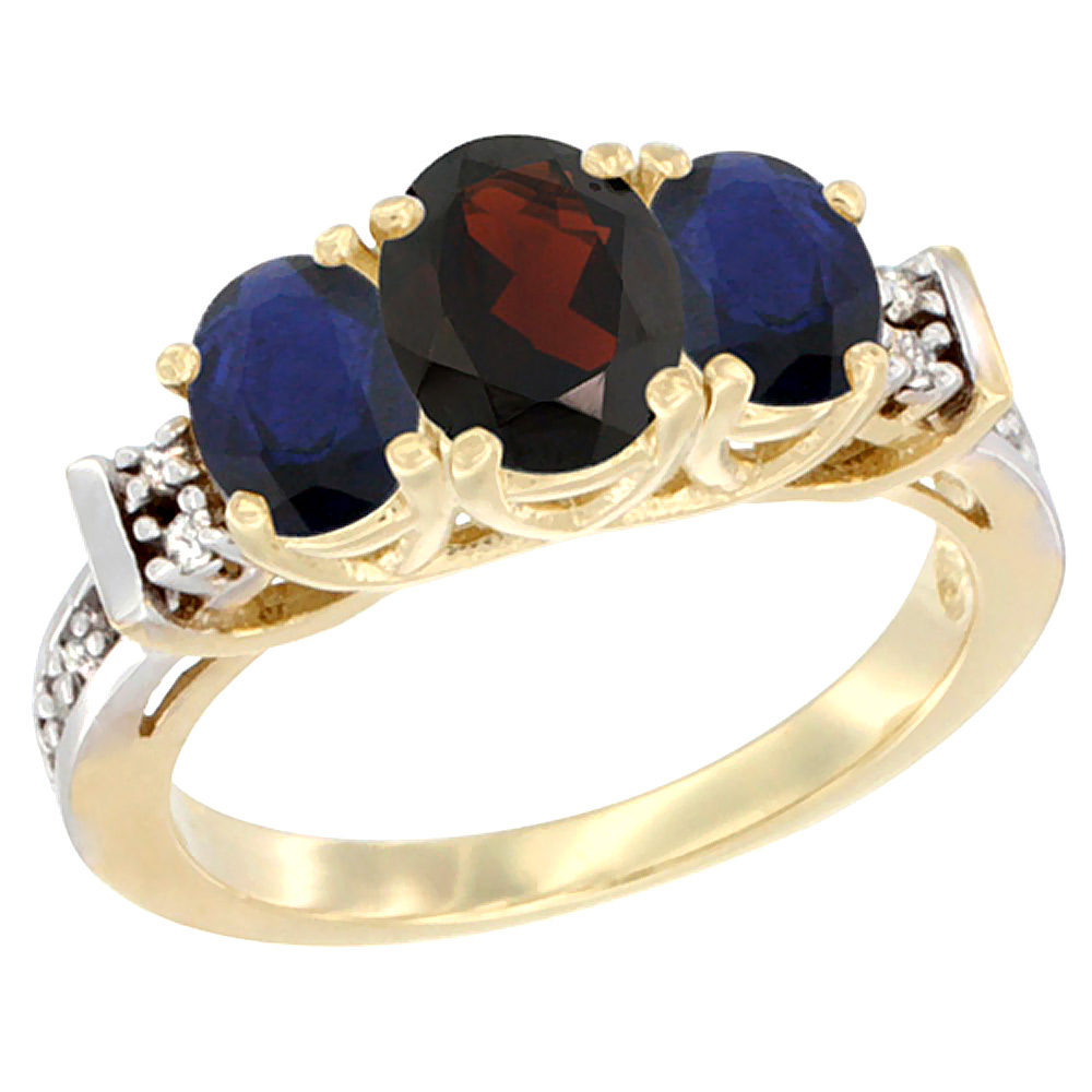 10K Yellow Gold Natural Garnet & High Quality Blue Sapphire Ring 3-Stone Oval Diamond Accent