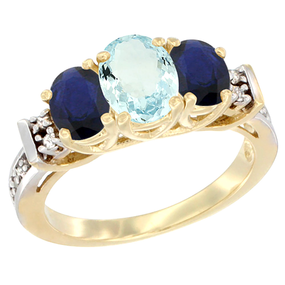 10K Yellow Gold Natural Aquamarine & High Quality Blue Sapphire Ring 3-Stone Oval Diamond Accent