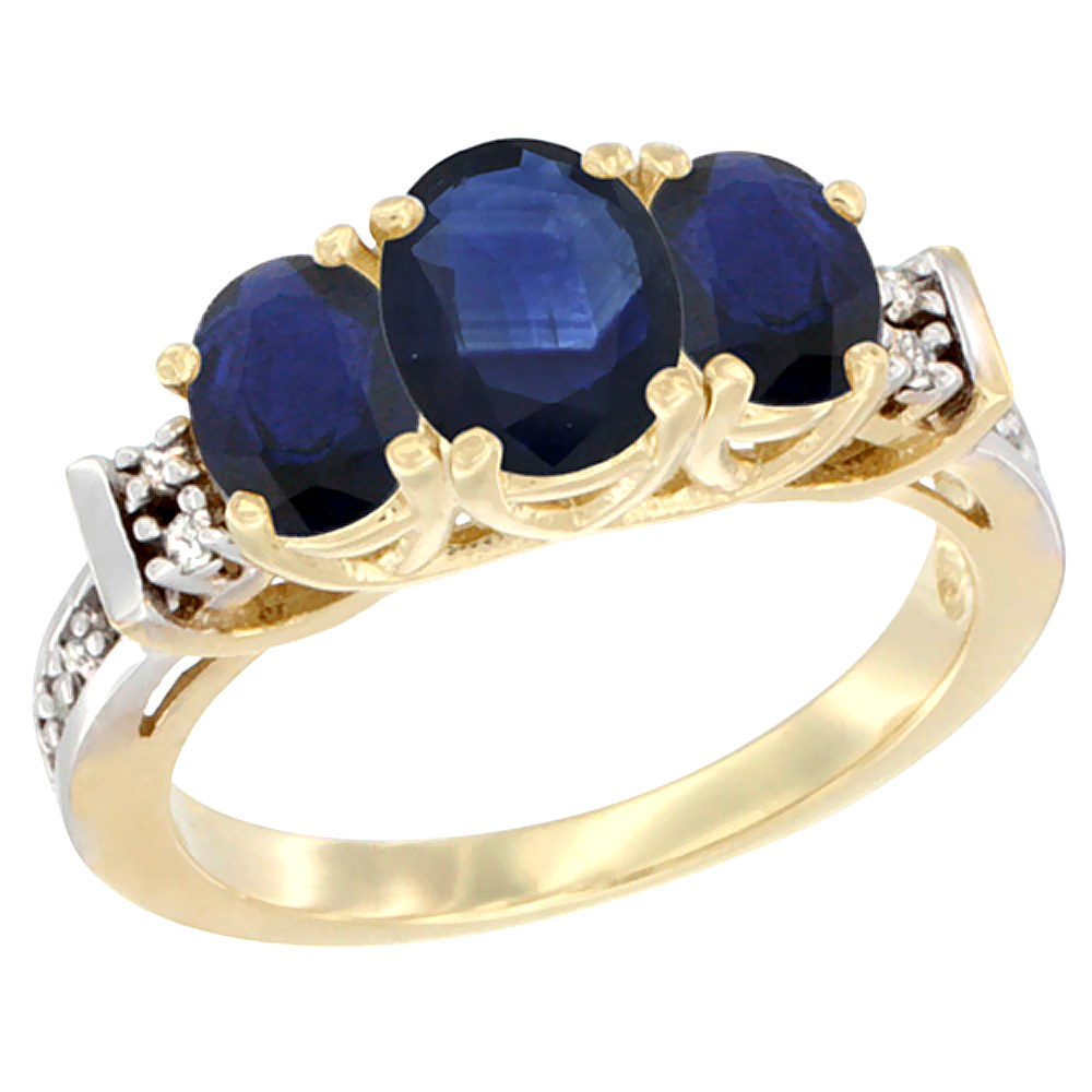 10K Yellow Gold Natural High Quality Blue Sapphire Ring 3-Stone Oval Diamond Accent