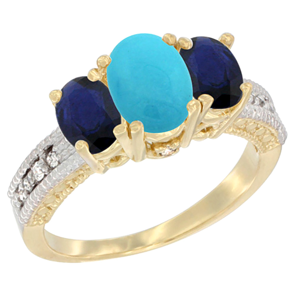 14K Yellow Gold Diamond Natural Turquoise 7x5mm & 6x4mm Quality Blue Sapphire Oval 3-stone Ring,sz5 - 10