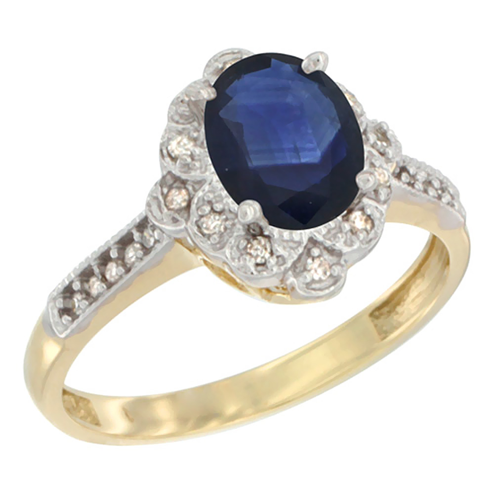 10K Yellow Gold Natural Blue Sapphire Ring Oval 8x6 mm Floral Diamond Halo, sizes 5 - 10