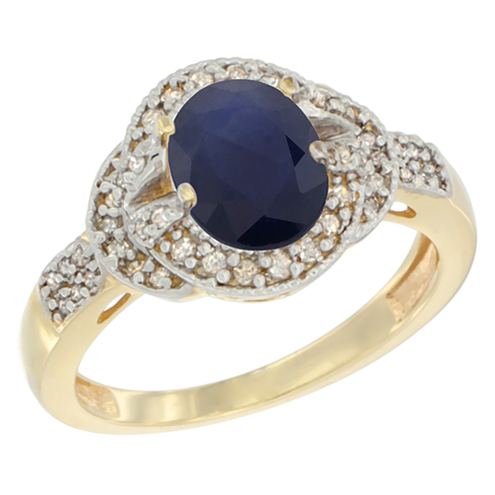 10K Yellow Gold Natural Blue Sapphire Ring Oval 8x6 mm Diamond Accent, sizes 5 - 10