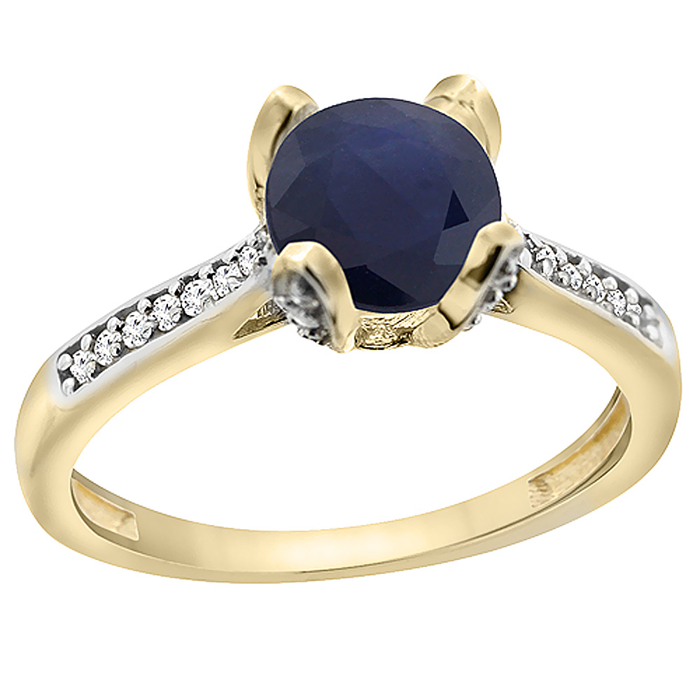 10K Yellow Gold Diamond Natural Quality Blue Sapphire Engagement Ring Round 7mm, size 5-10