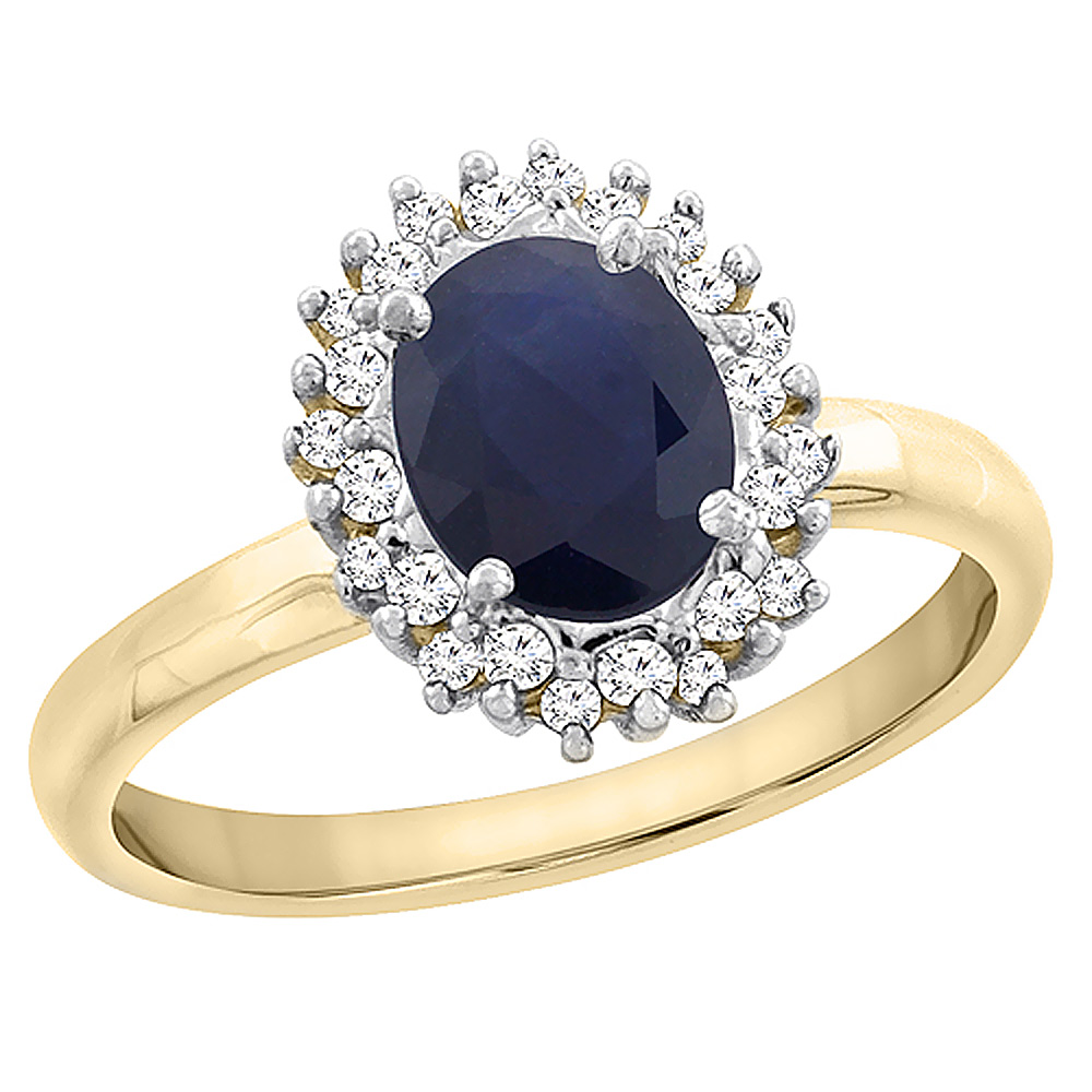 10K Yellow Gold Diamond Natural Blue Sapphire Engagement Ring Oval 7x5mm, sizes 5 - 10
