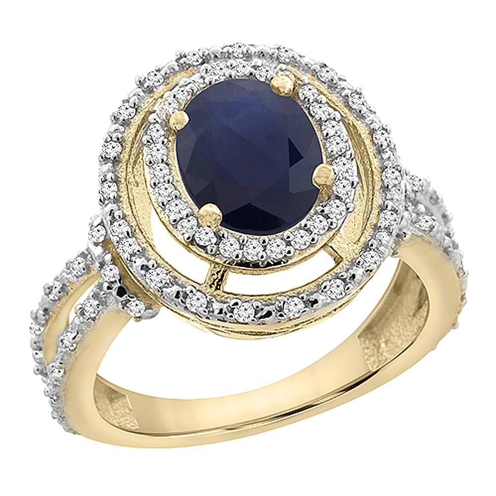 14K Yellow Gold Natural Blue Sapphire Ring Oval 8x6 mm Double Halo Diamond, sizes 5 - 10