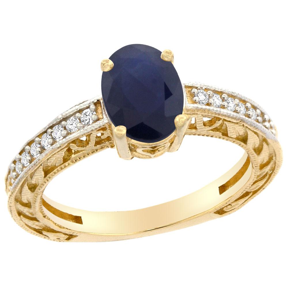 10K Gold Diamond Halo Natural Quality Blue Sapphire Engagement Ring Oval 8x6 mm, size 5 - 10