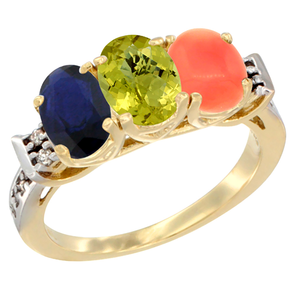 10K Yellow Gold Natural Blue Sapphire, Lemon Quartz & Coral Ring 3-Stone Oval 7x5 mm Diamond Accent, sizes 5 - 10