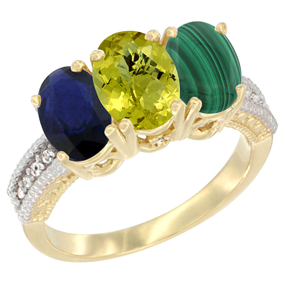 10K Yellow Gold Diamond Natural Blue Sapphire, Lemon Quartz & Malachite Ring 3-Stone 7x5 mm Oval, sizes 5 - 10