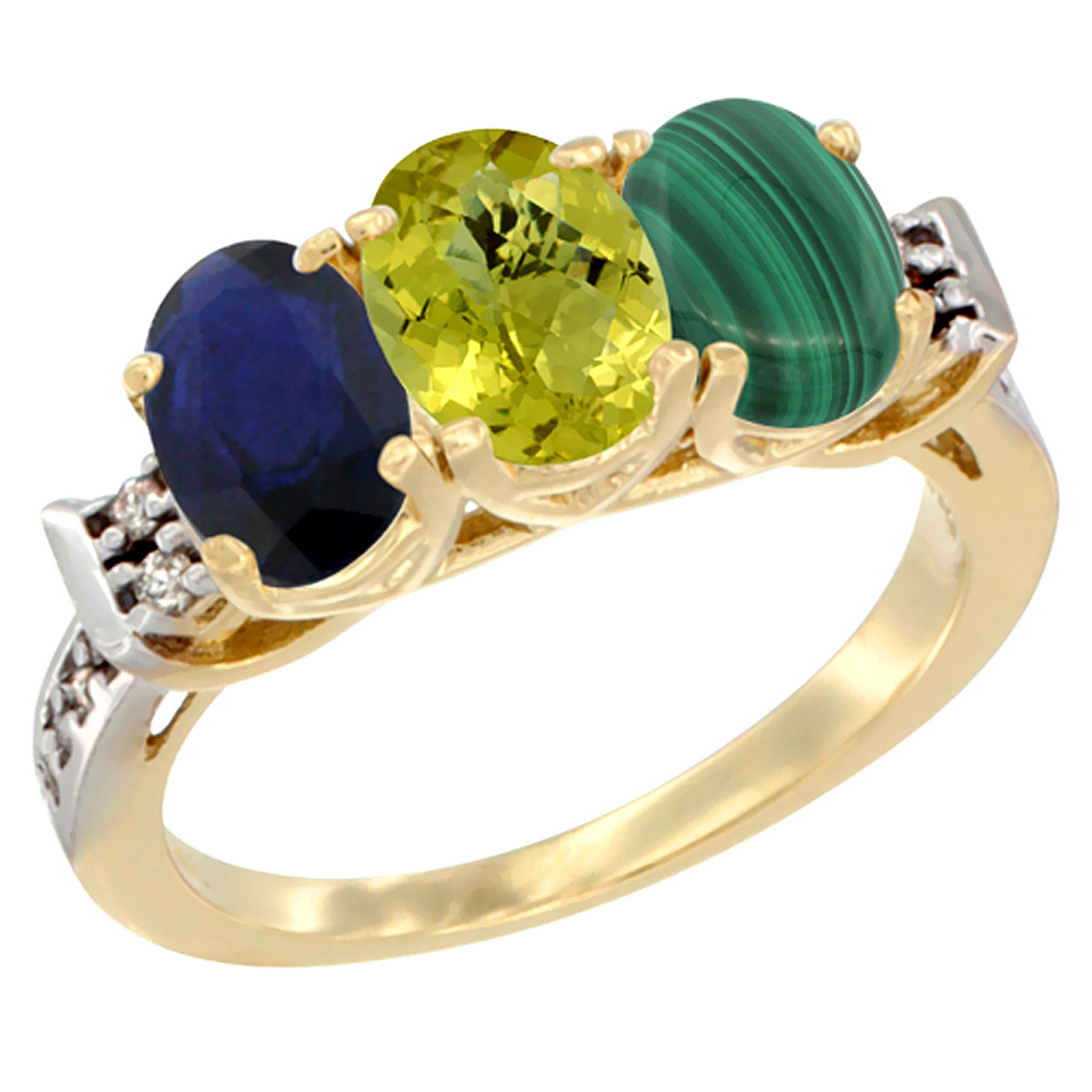 10K Yellow Gold Natural Blue Sapphire, Lemon Quartz & Malachite Ring 3-Stone Oval 7x5 mm Diamond Accent, sizes 5 - 10