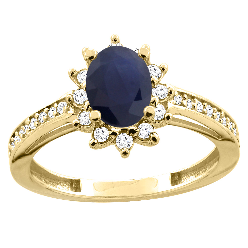 14K White/Yellow Gold Diamond Natural Blue Sapphire Floral Halo Engagement Ring Oval 7x5mm, sizes 5 - 10