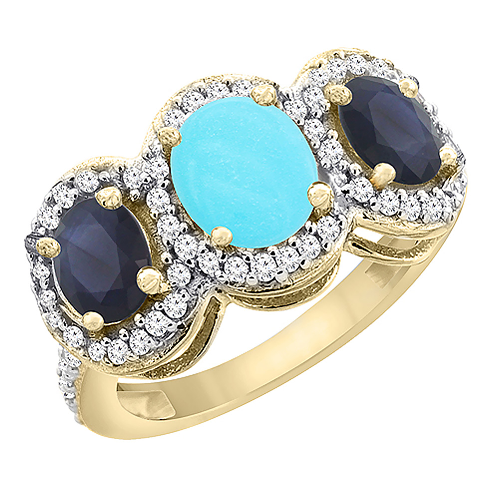 14K Yellow Gold Natural Turquoise & Quality Blue Sapphire 3-stone Mothers Ring Oval Diamond Accent,sz5-10