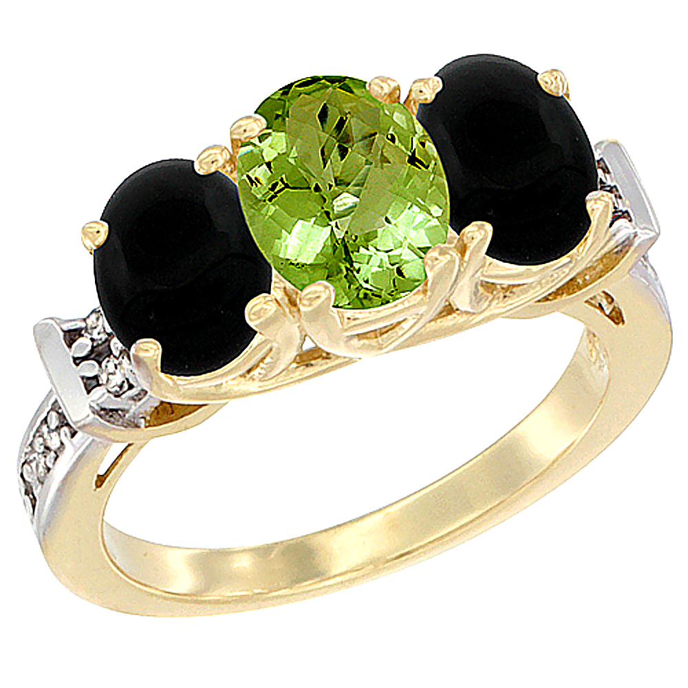 10K Yellow Gold Natural Peridot & Black Onyx Sides Ring 3-Stone Oval Diamond Accent, sizes 5 - 10
