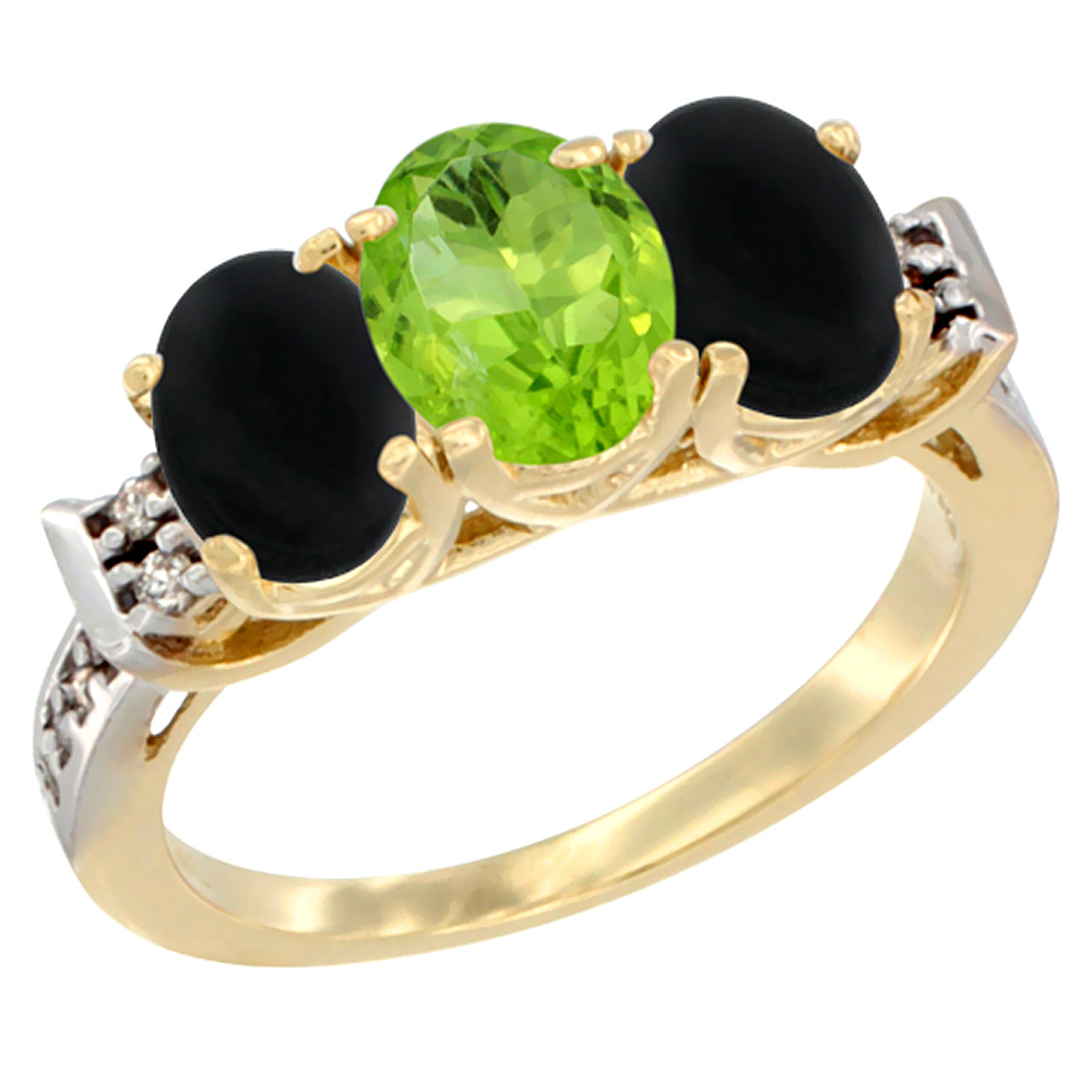 10K Yellow Gold Natural Peridot & Black Onyx Sides Ring 3-Stone Oval 7x5 mm Diamond Accent, sizes 5 - 10