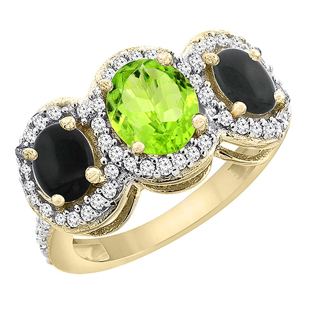 10K Yellow Gold Natural Peridot & Black Onyx 3-Stone Ring Oval Diamond Accent, sizes 5 - 10
