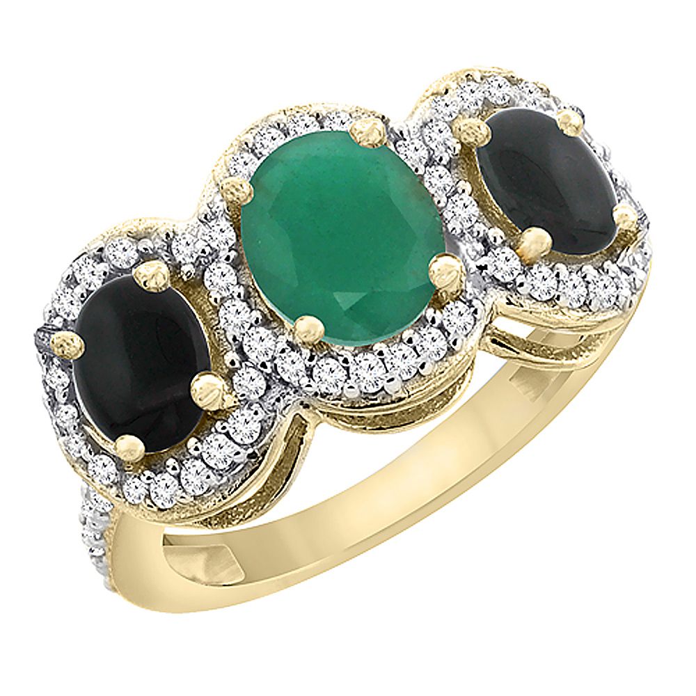 14K Yellow Gold Natural Cabochon Emerald & Black Onyx 3-Stone Ring Oval Diamond Accent, sizes 5 - 10