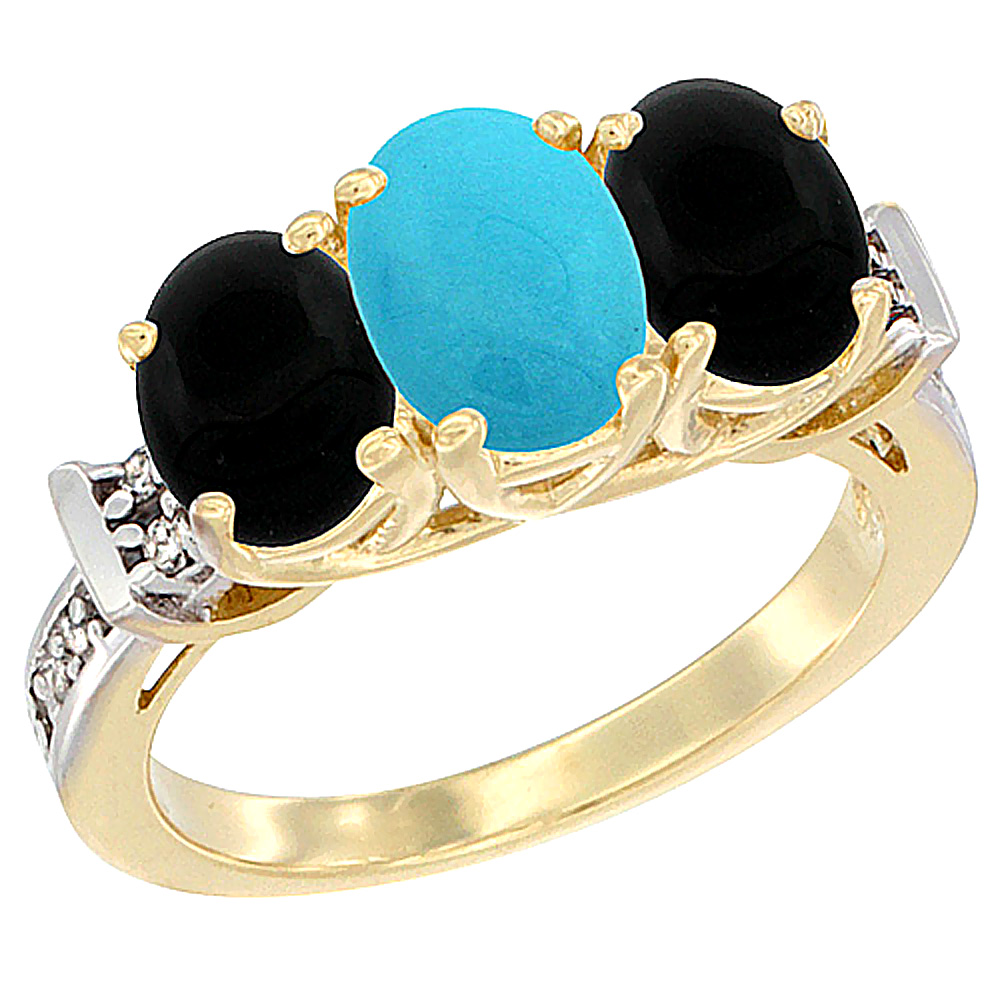 14K Yellow Gold Natural Turquoise & Black Onyx Sides Ring 3-Stone Oval Diamond Accent, sizes 5 - 10