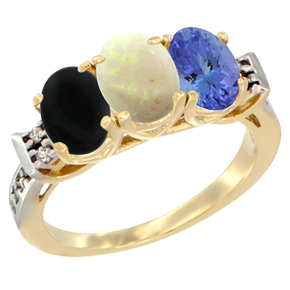 14K Yellow Gold Natural Black Onyx, Opal & Tanzanite Ring 3-Stone Oval 7x5 mm Diamond Accent, sizes 5 - 10