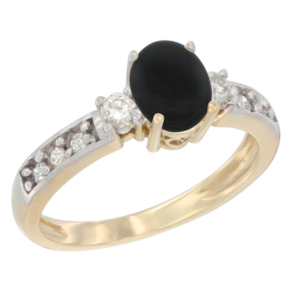 10k Yellow Gold Natural Black Onyx Ring Oval 7x5 mm Diamond Accent, sizes 5 - 10