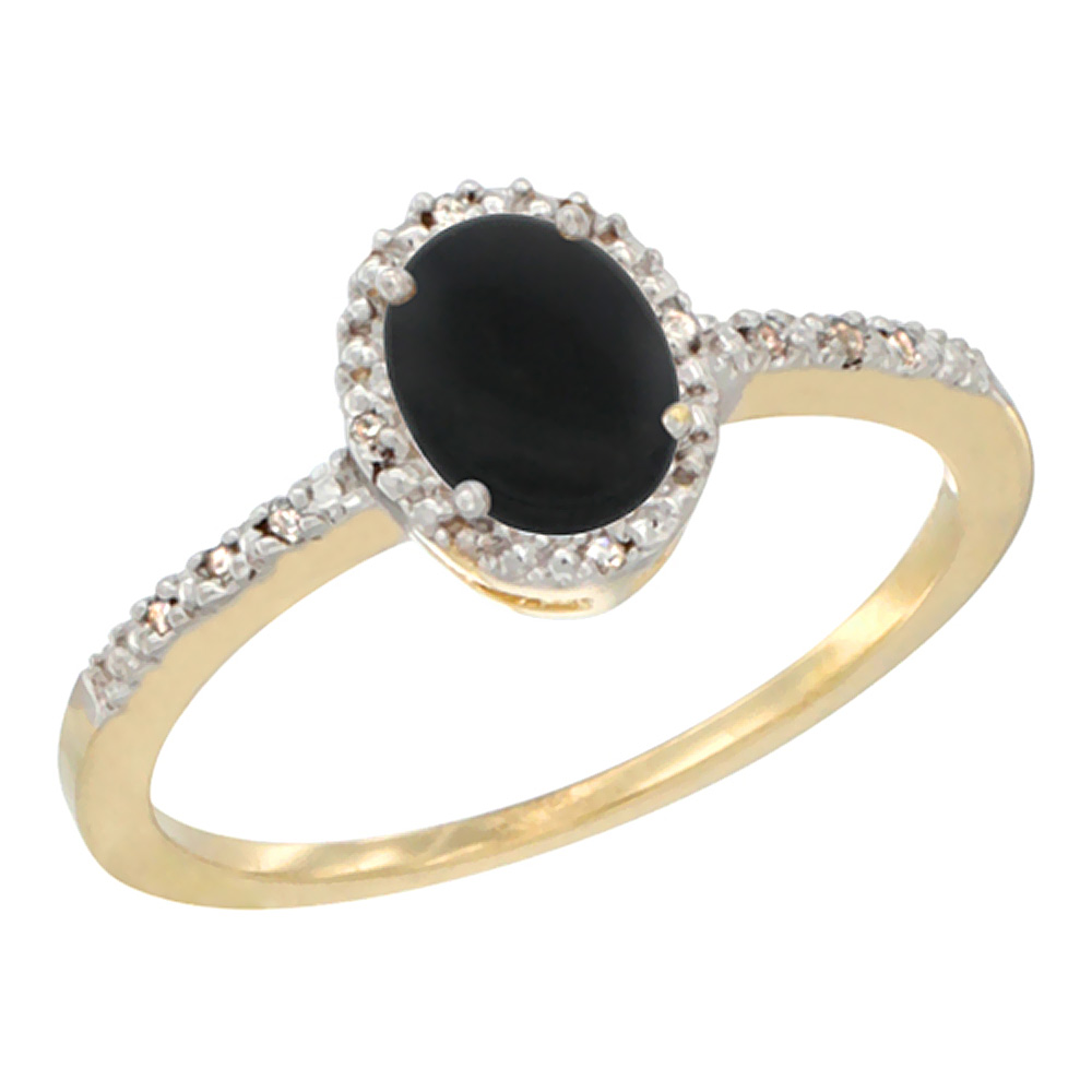 10K Yellow Gold Diamond Natural Black Onyx Engagement Ring Oval 7x5 mm, sizes 5 - 10