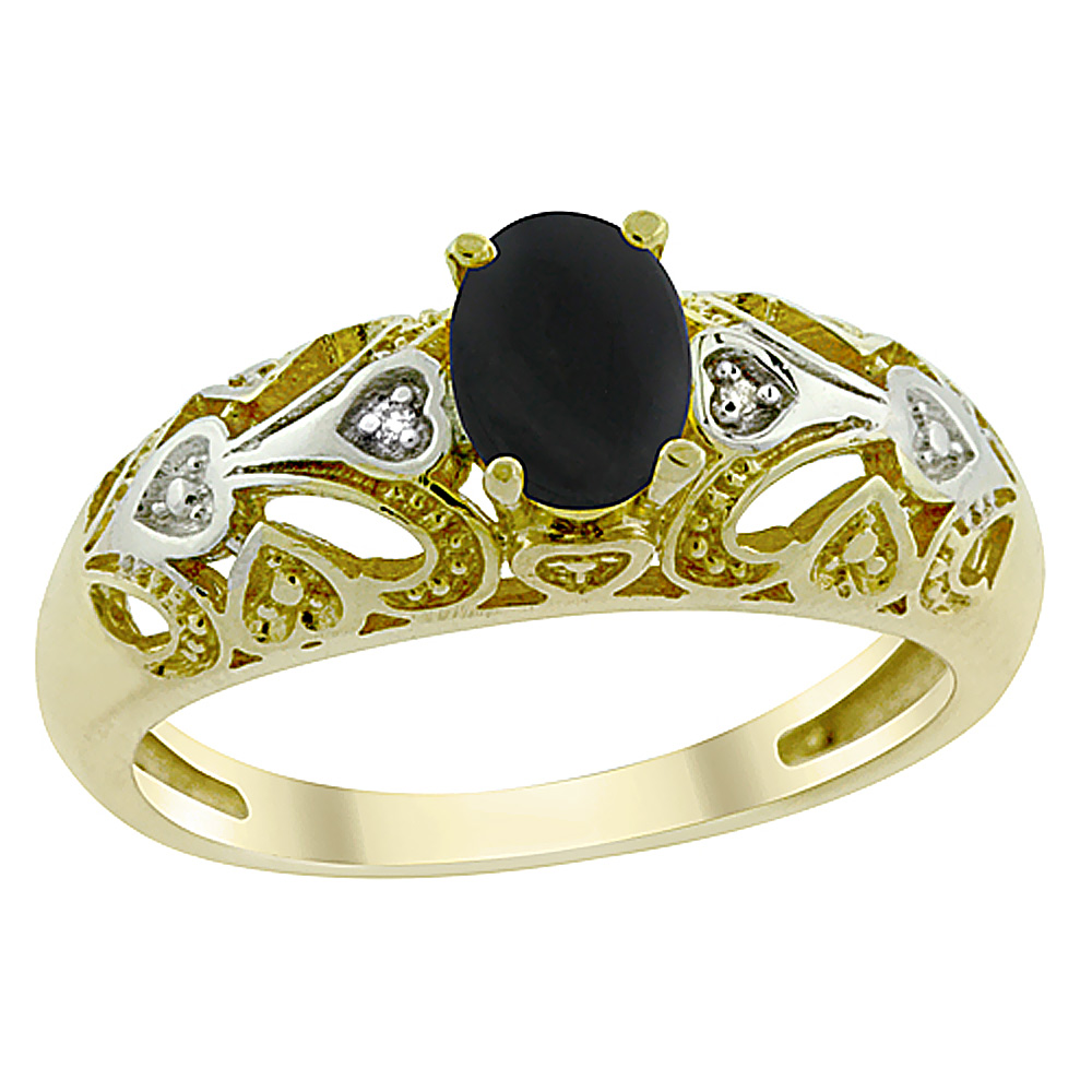 10K Yellow Gold Natural Black Onyx Ring Oval 6x4 mm Diamond Accent, sizes 5 - 10