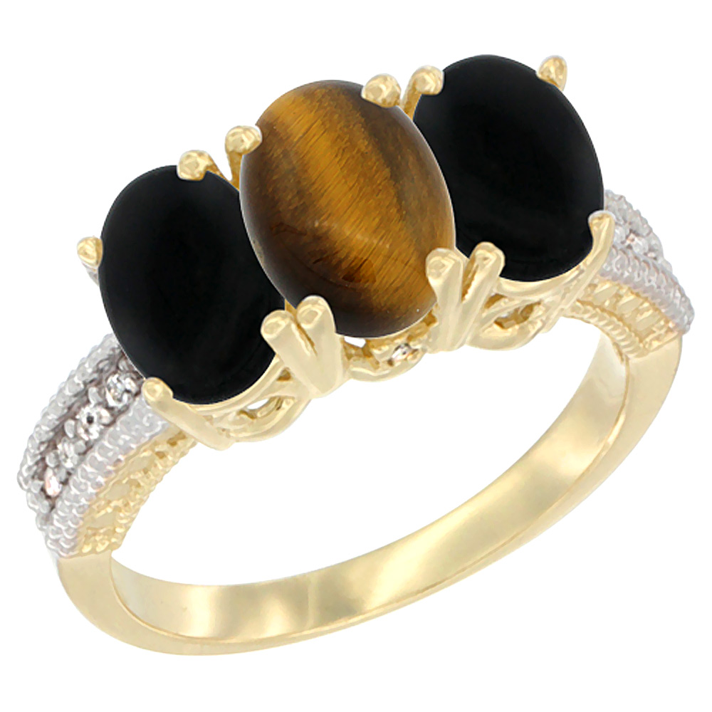 10K Yellow Gold Natural Tiger Eye & Black Onyx Ring 3-Stone Oval 7x5 mm Diamond Accent, sizes 5 - 10