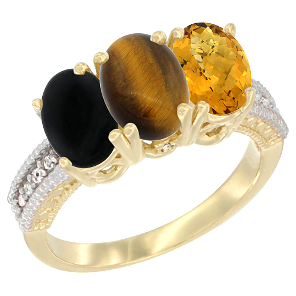10K Yellow Gold Natural Black Onyx, Tiger Eye & Whisky Quartz Ring 3-Stone Oval 7x5 mm Diamond Accent, sizes 5 - 10