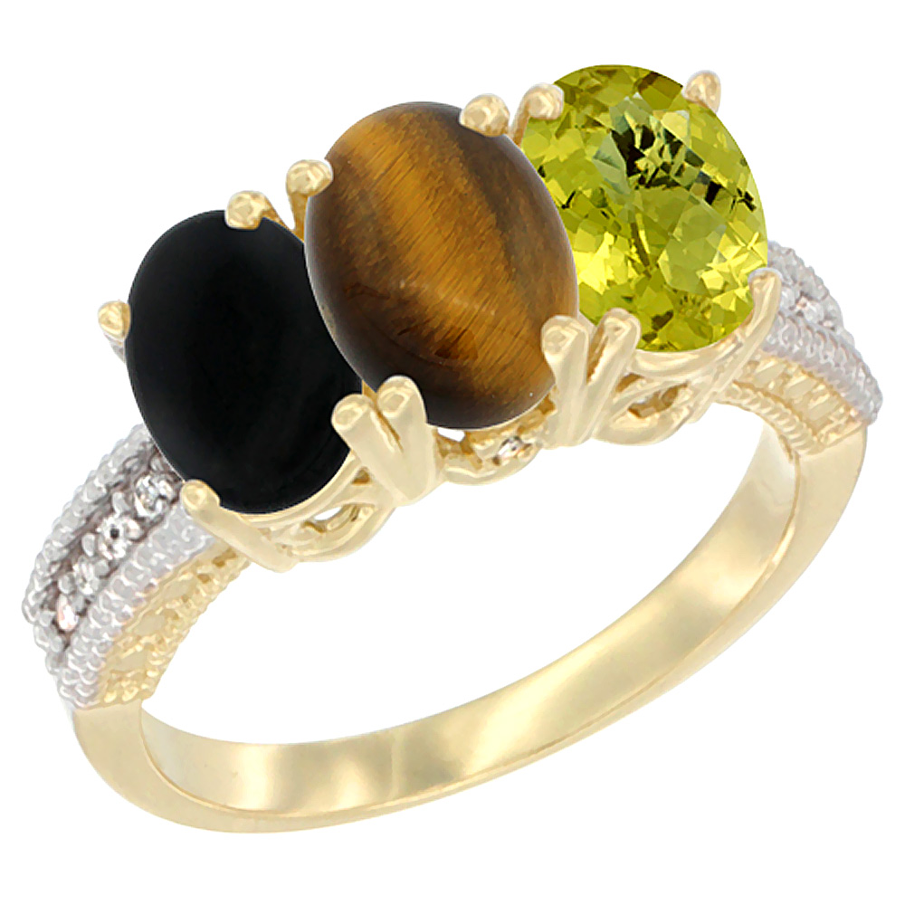 10K Yellow Gold Natural Black Onyx, Tiger Eye & Lemon Quartz Ring 3-Stone Oval 7x5 mm Diamond Accent, sizes 5 - 10