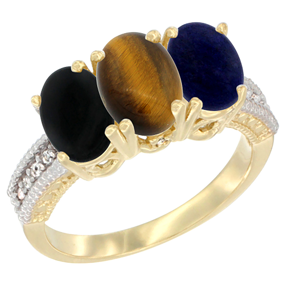 10K Yellow Gold Natural Black Onyx, Tiger Eye & Lapis Ring 3-Stone Oval 7x5 mm Diamond Accent, sizes 5 - 10