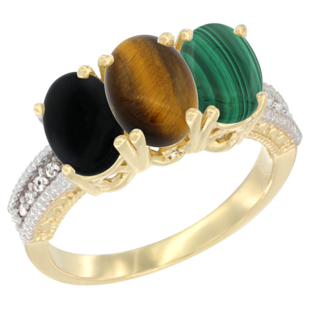 10K Yellow Gold Natural Black Onyx, Tiger Eye & Malachite Ring 3-Stone Oval 7x5 mm Diamond Accent, sizes 5 - 10