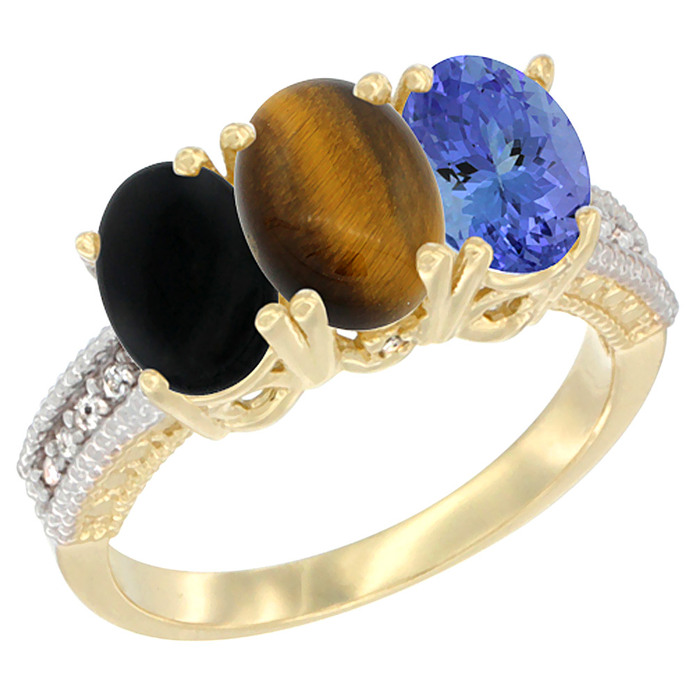10K Yellow Gold Natural Black Onyx, Tiger Eye & Tanzanite Ring 3-Stone Oval 7x5 mm Diamond Accent, sizes 5 - 10