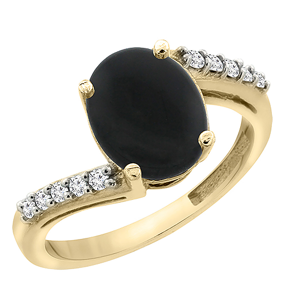 10K Yellow Gold Diamond Natural Black Onyx Engagement Ring Oval 10x8mm, sizes 5-10