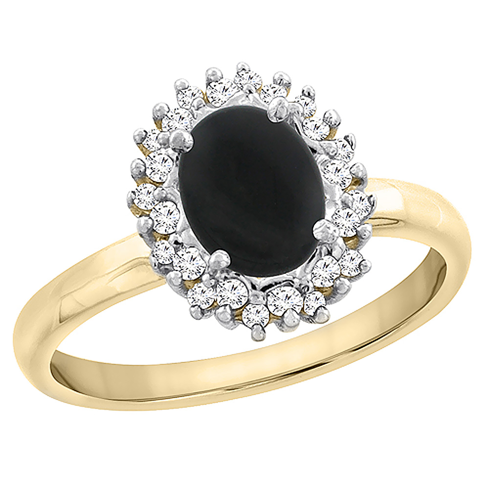 10K Yellow Gold Diamond Natural Black Onyx Engagement Ring Oval 7x5mm, sizes 5 - 10