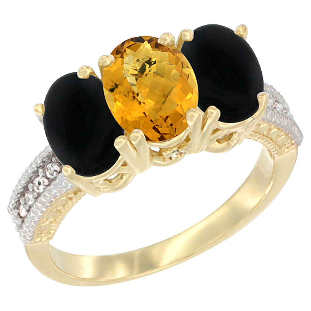 10K Yellow Gold Natural Whisky Quartz & Black Onyx Ring 3-Stone Oval 7x5 mm Diamond Accent, sizes 5 - 10