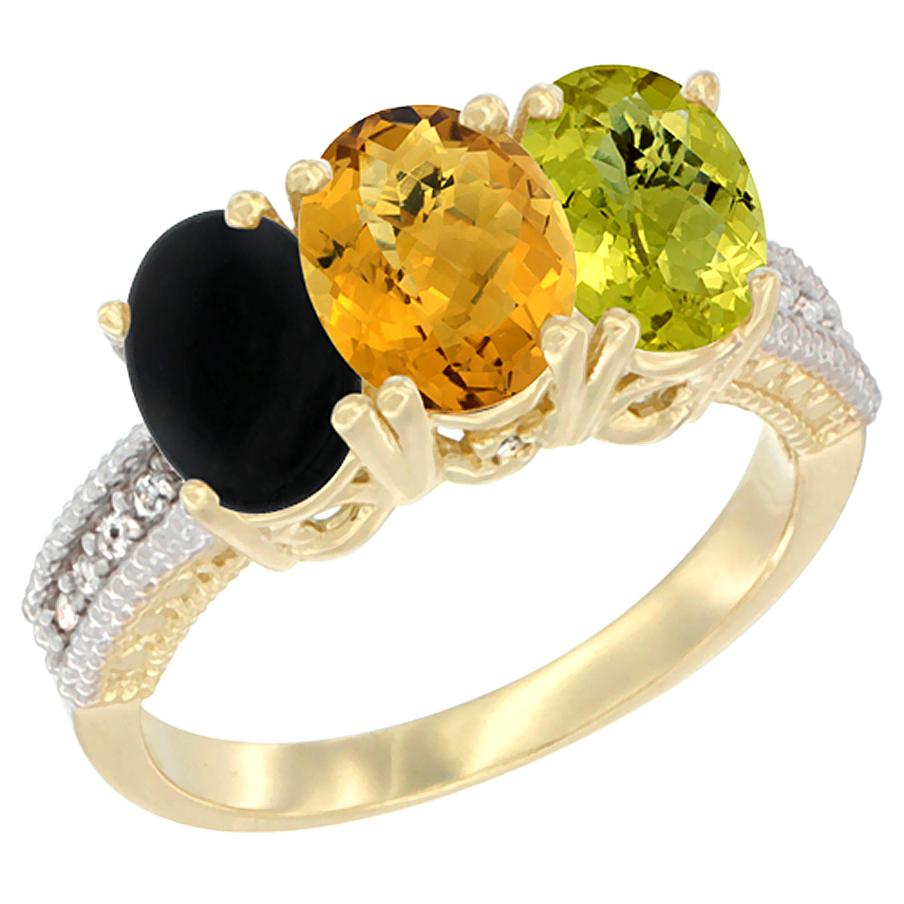 10K Yellow Gold Natural Black Onyx, Whisky Quartz & Lemon Quartz Ring 3-Stone Oval 7x5 mm Diamond Accent, sizes 5 - 10
