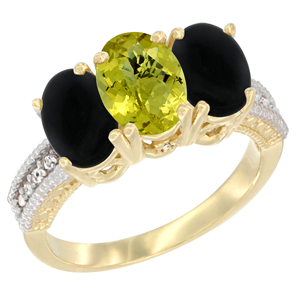 10K Yellow Gold Natural Lemon Quartz & Black Onyx Ring 3-Stone Oval 7x5 mm Diamond Accent, sizes 5 - 10